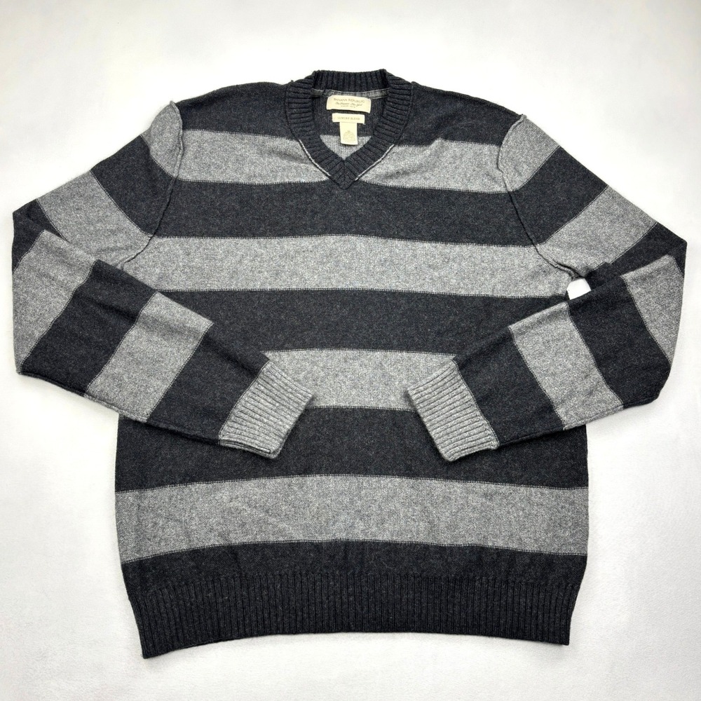 Banana Republic Sweater Mens Medium Gray Striped Cashmere Angora V Neck Knit Top